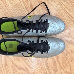Nike Men's Silver Soccer Cleats with Black Laces and Neon Green Accents